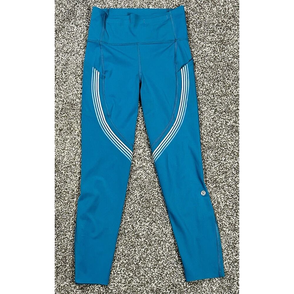 Lululemon Womens Speed Limit Leggings Size 4 Bermuda Teal Striped Length Altered - Picture 2 of 10